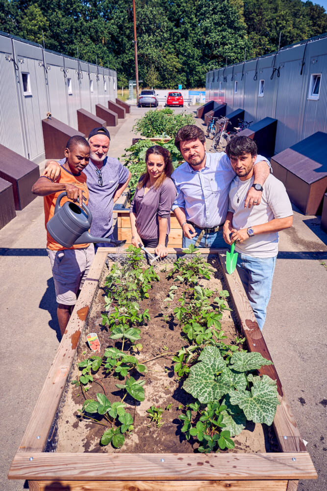 Erste Ernte (v.l.): Pinar Aktürk (PlanB Ruhr), Mahmut Hamza (PlanB Ruhr), Jens Vieting (Dezernent für Jugend, Soziales, Arbeit und Gesundheit Bochum), Gerhard Opretzka (GAFÖG), Prof. Dr. Hendrik Baumeister (EvH Bochum), Firat Bulgurcu (PlanB Ruhr). Foto: Stadt Bochum / Dennis Yenmez