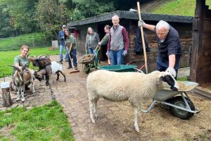 Zweimal im Jahr heißt es Großreinemachen im Tiergehege Südpark. Von links: Liv Neumann, Wolfgang Karsten, Anja Neumann, Nicole Karsten, Thomas Kubillus, Norbert Brachthäuser und Ingo Henselewski.
